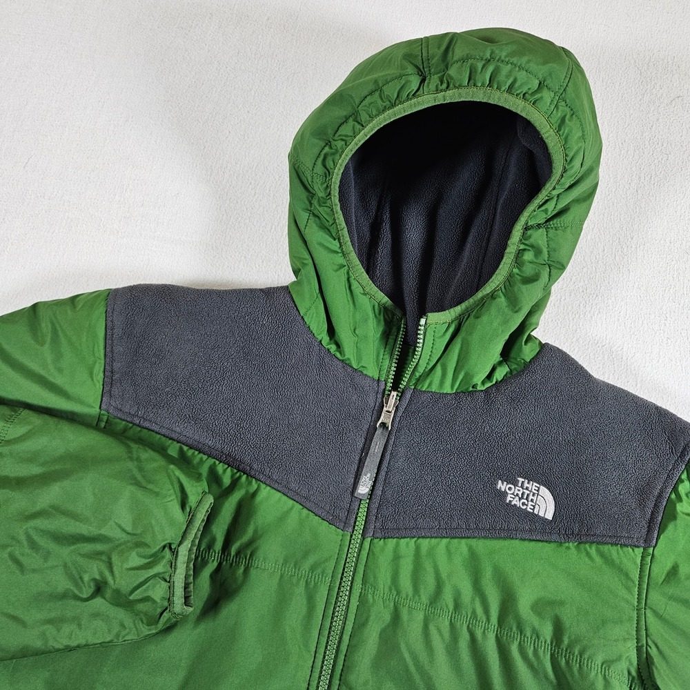 The North Face Reversible Jacket Boys XL 18/20 Green Grey Hooded Puffer Fleece